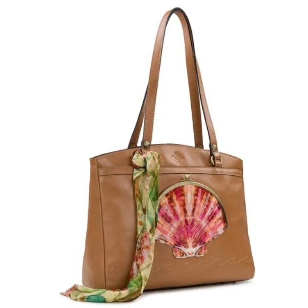 Patricia Nash Poppy Tote Leather w Seashells by the Seashore Scarf Tan Naturale